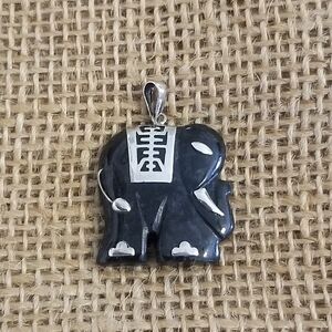 Black Jade Elephant Pendant with Sterling Silver Accents